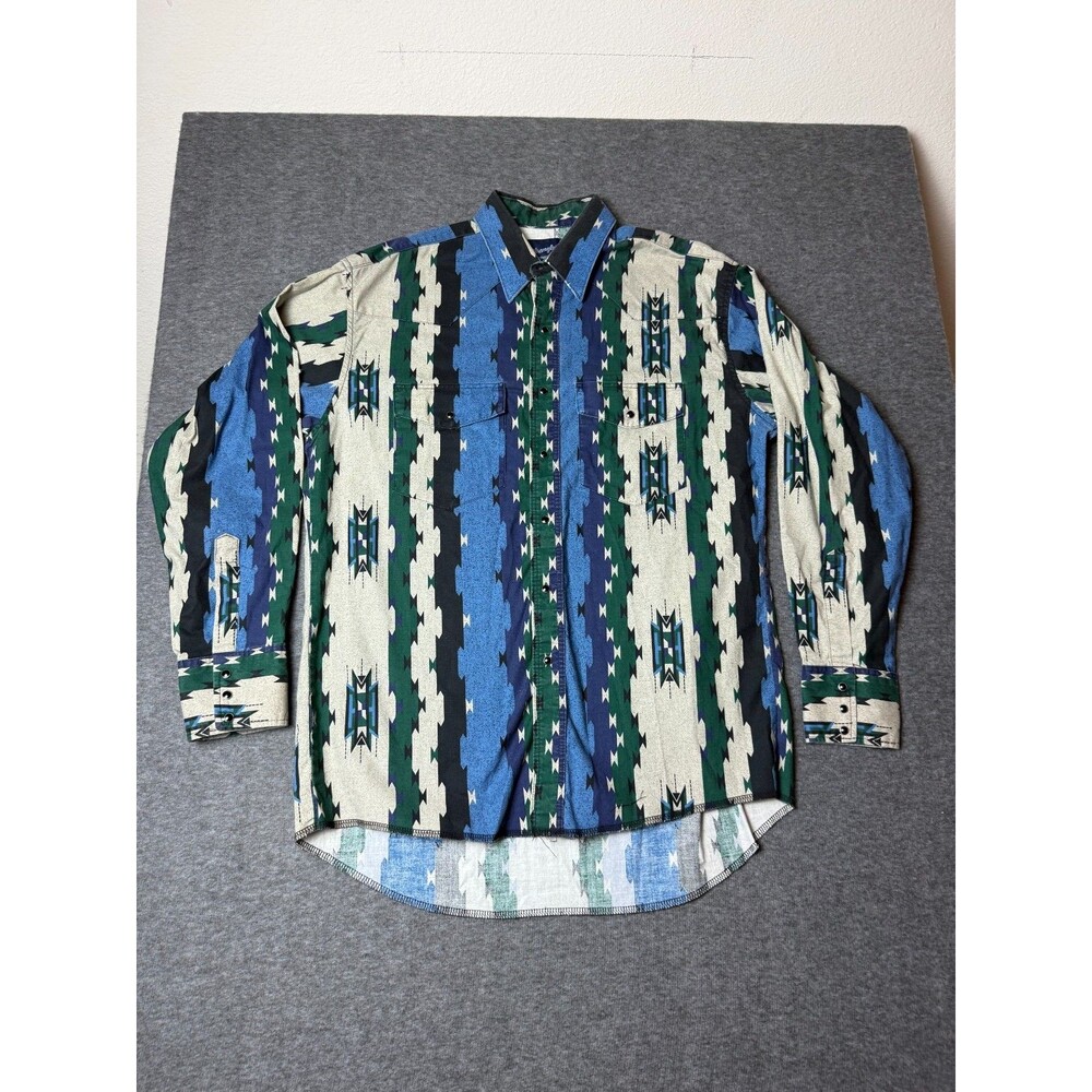 Vtg Wrangler Denim Shirt Western Pearl Snap Rodeo Aztec Distressed Mens Large